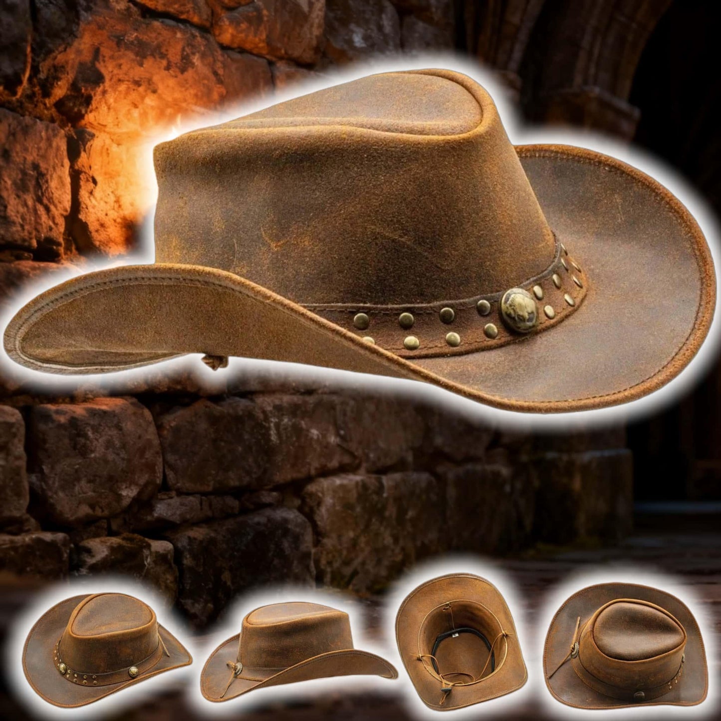 Men and Women Brown Genuine Leather Cowboy Western Hat – Classic Western Hat for Outdoor Adventures, Rodeo, Ranch, Country, Hiking, Travel, Festivals, Camping, Road Trips, Horse Riding, Costume, Halloween Parties – Stylis