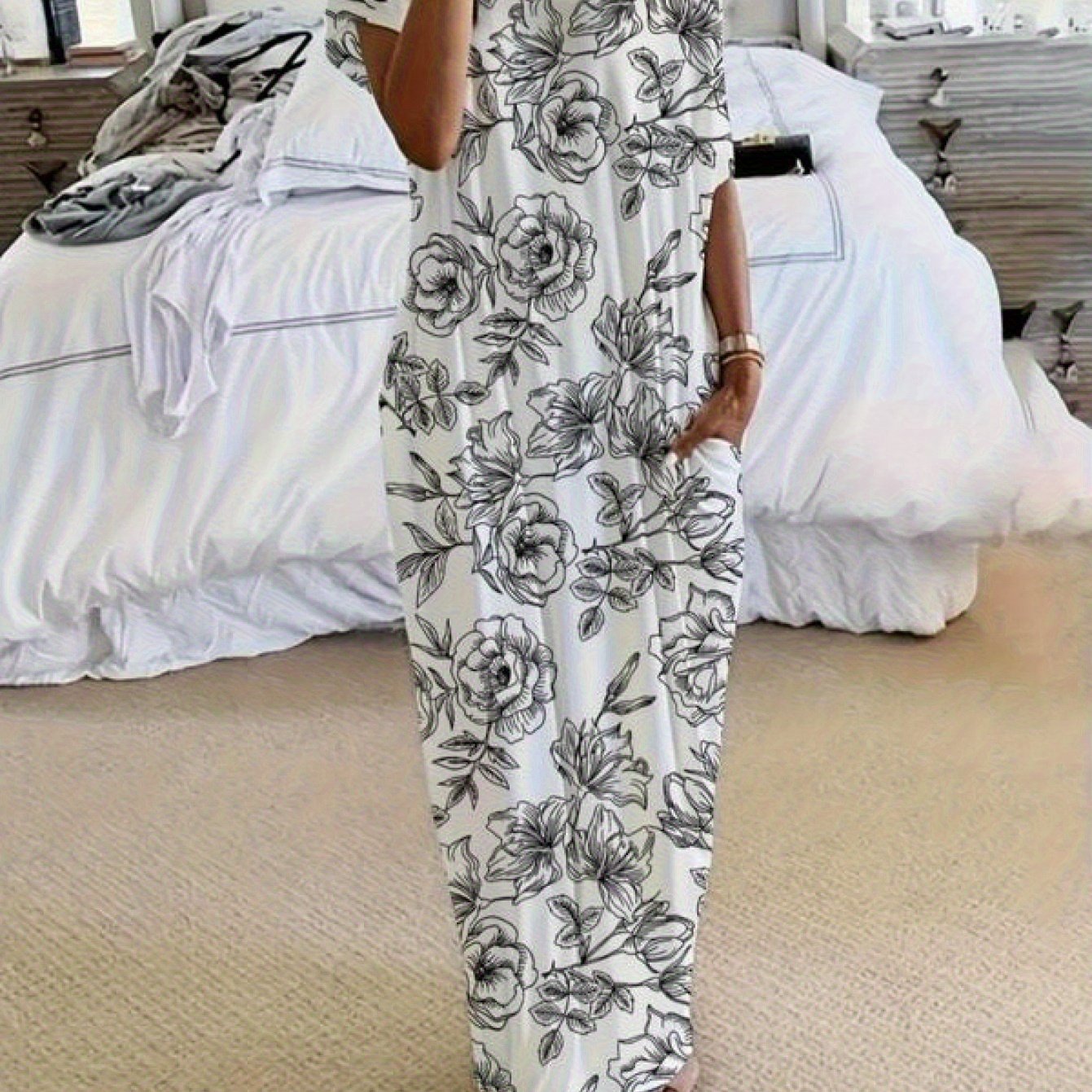 Women's Solid Color Batwing Sleeve Lounge Dress, Casual Comfy Short Sleeve Nightdress for Daily Wear, Loungewear, Ladies Sleepwear for All Seasons