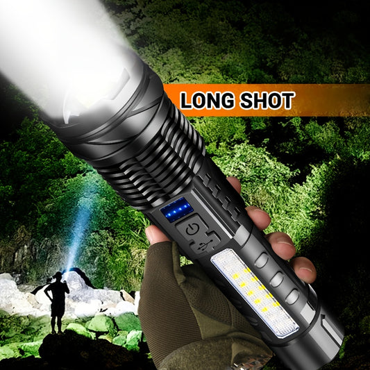 1/2/4pcs Multifunctional Flashlight High-Power LED Flashlight with COB Red/Blue Warning Side Light - Rechargeable Zoomable Long Distance Fishing Camping Light Many Mode