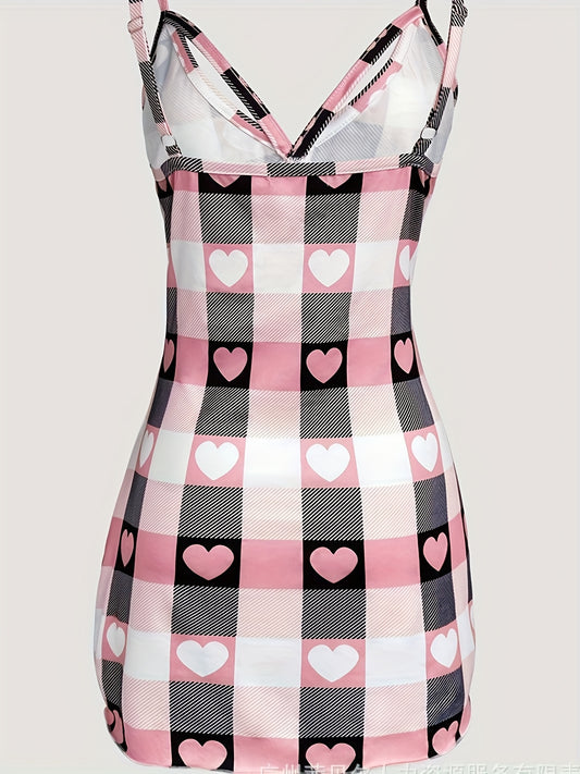 Women's Heart Plaid Fashion Set Split Top & Slit Skirt Combo for Home Wearing/Themed Dating/Stylish Streetwear Sweet Eye-catching Heart Plaid Design Comfort Fit Female Fashion Outfit