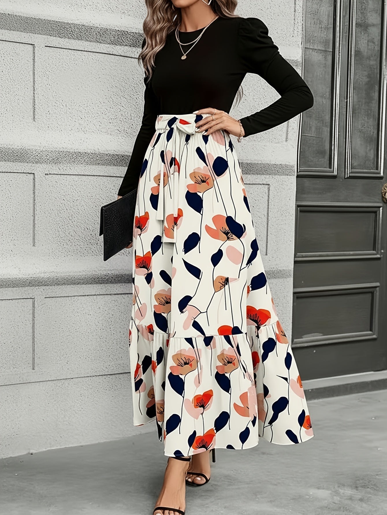 Women'S Navy Blue Floral Tie-Waist Maxi Dress | Retro Elegant Style, Suitable for Daily Streetwear, Light Social Occasions, and Chic Gatherings