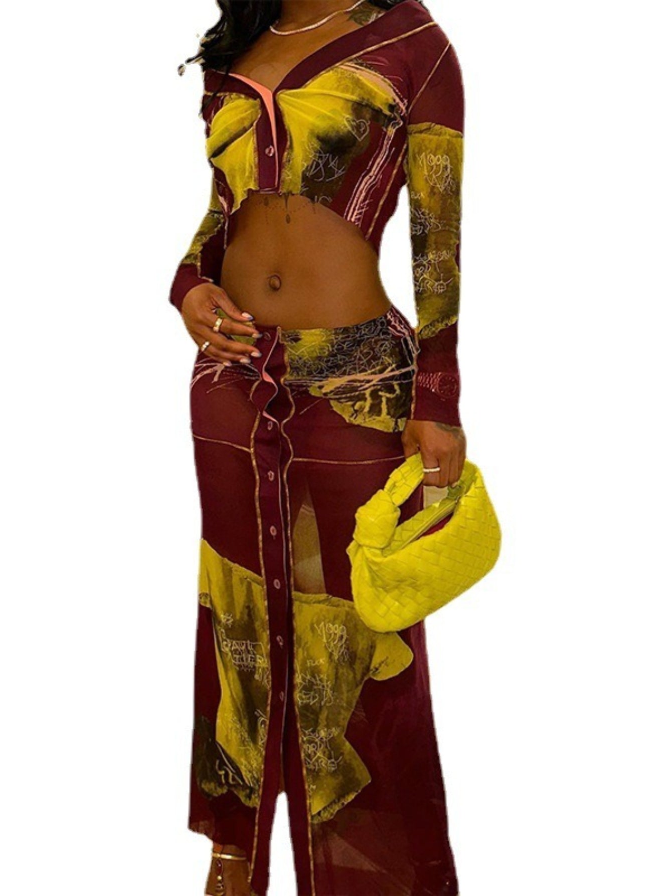 ARTPAGE Long-Sleeved Navel-Baring Top Fashion Buttoned Skirt Two-Piece Trendy Women'S Dress