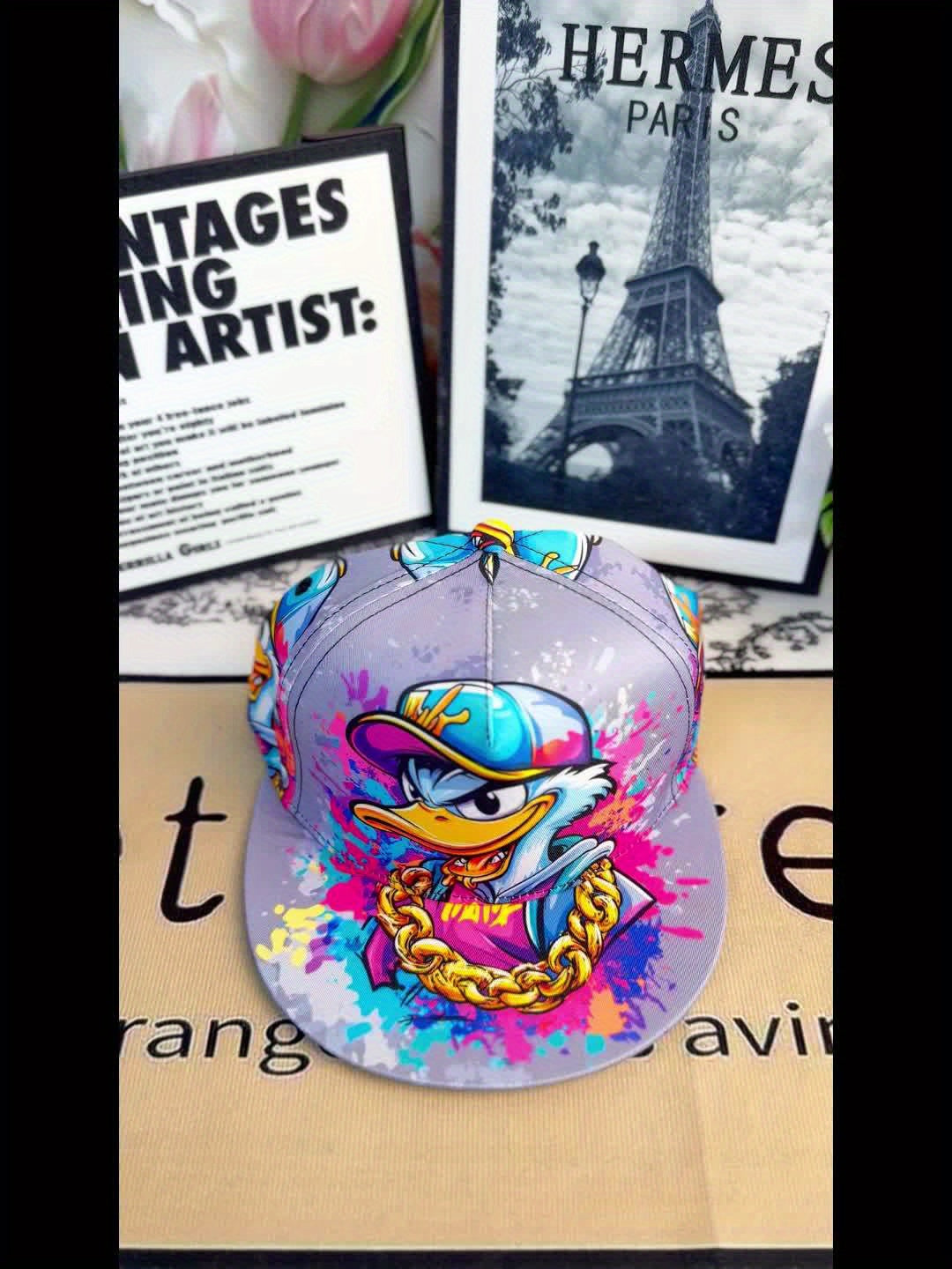 Unisex Adjustable Snapback Baseball Cap - Vibrant Graffiti Cartoon Duck Street Art Design, Lightweight 100% Polyester, Machine Washable, Flat Brim Trucker Hat for Men & Women, Perfect Gift for Father's Day, Mother's Day, Beac