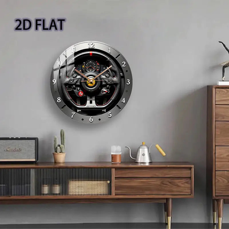 12-inch Modern Racing-Themed Steering Wheel Wall Clock - Silent Quartz Movement, Black & Red Accent Glass Face with White Hands, Battery-Powered (AA Not Included) - Unique Home Decor for Bedroom, Living Room, Garage, for Man