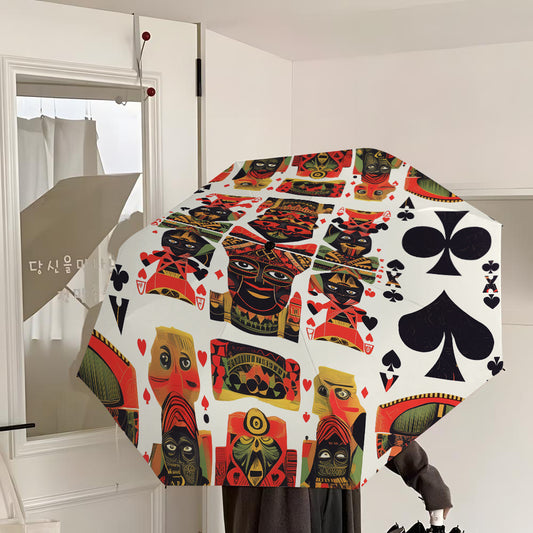 Open/Close Umbrella with African Mask Design - Red & Black Folding Umbrella, 8-Rib Sturdy Canopy, Portable for Travel, Durable Plastic/Ferrule Frame - Unique Gift for Men & (Casual & Special Occasions)