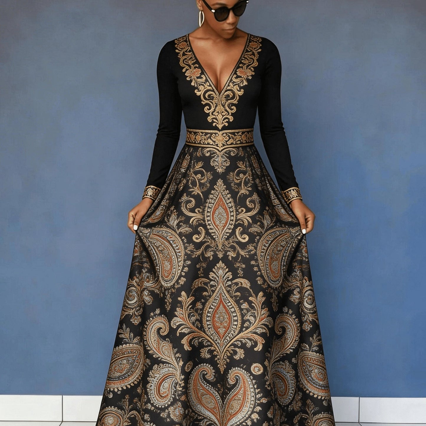 Flower Rich And Luxurious Flower Print Design Women's V-neck Dress with Waist Cinching And Shaping, And Casual Drape, Sexy Charm, Fresh Temperament, Commuting Trend, Elegant Long Skirt, Cocktail Party, High-end Occasion