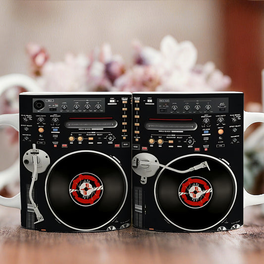 1pc 11oz Ceramic Music Dj Turntable Design Black Coffee Mug, 11oz Ceramic Coffee Cup, Vintage Audio Equipment Inspired Vinyl Record Player Pattern with Red And White Accents. Ideal for Music Lovers And DJs, Perfect for Daily