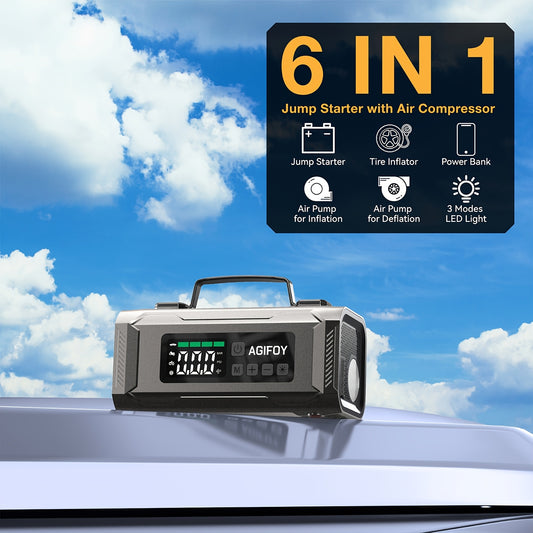 Car Jump Starter with Air Compressor, 6-in-1 2500A Car Battery Charger Power Jumper Starter Pack(All Gas/2.11gal Diesel), 150PSI Tire Inflator, Air Pump for Inflation/Deflation, LED Emergency Light, Jump Starter Battery Pack