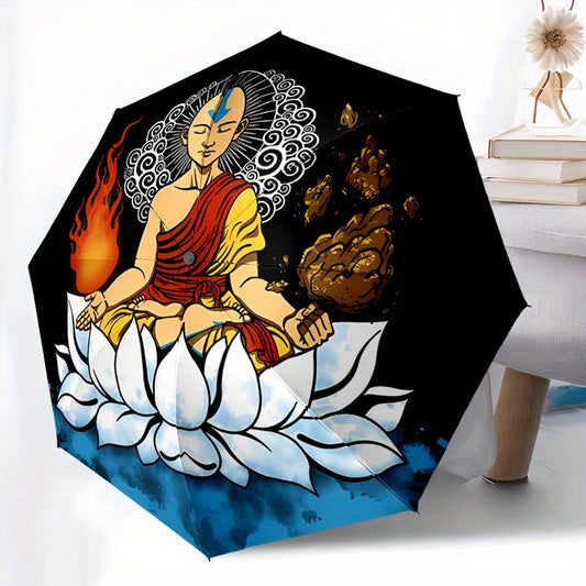 Avatar 4-Themed Automatic Folding Umbrella - 8-Rib Durable Windproof Design, Black with White & Golden Artwork, Portable Travel Umbrella for Commuting, Beach, or Holiday Gifts, Commuting Accessory, Stylish Accessory, Sturdy H