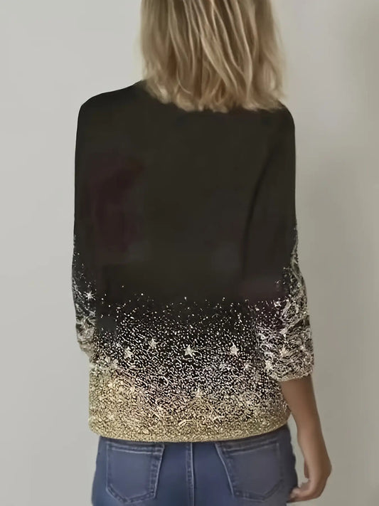 Women's Plus Size Elegant Black & Golden Christmas Tree Print T-Shirt - Sparkling Golden Sequin-like Long Sleeve Blouse, Soft Stretchy Round Neck Top for Holiday Party Outfits, New Year's Eve, Prom & Casual Wear (Machine Wash