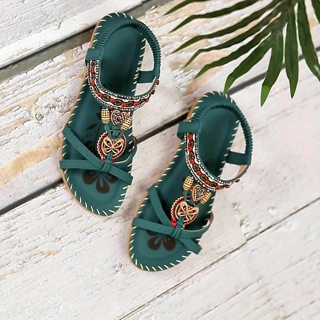Tribal Style Striped Flats for Women, Summer Beach Sandals with Rhinestone Accents, Open Toe Slip-on with TPR Sole, Bohemian Casual Vintage Flat Heel Shoes - Huizhou Production
