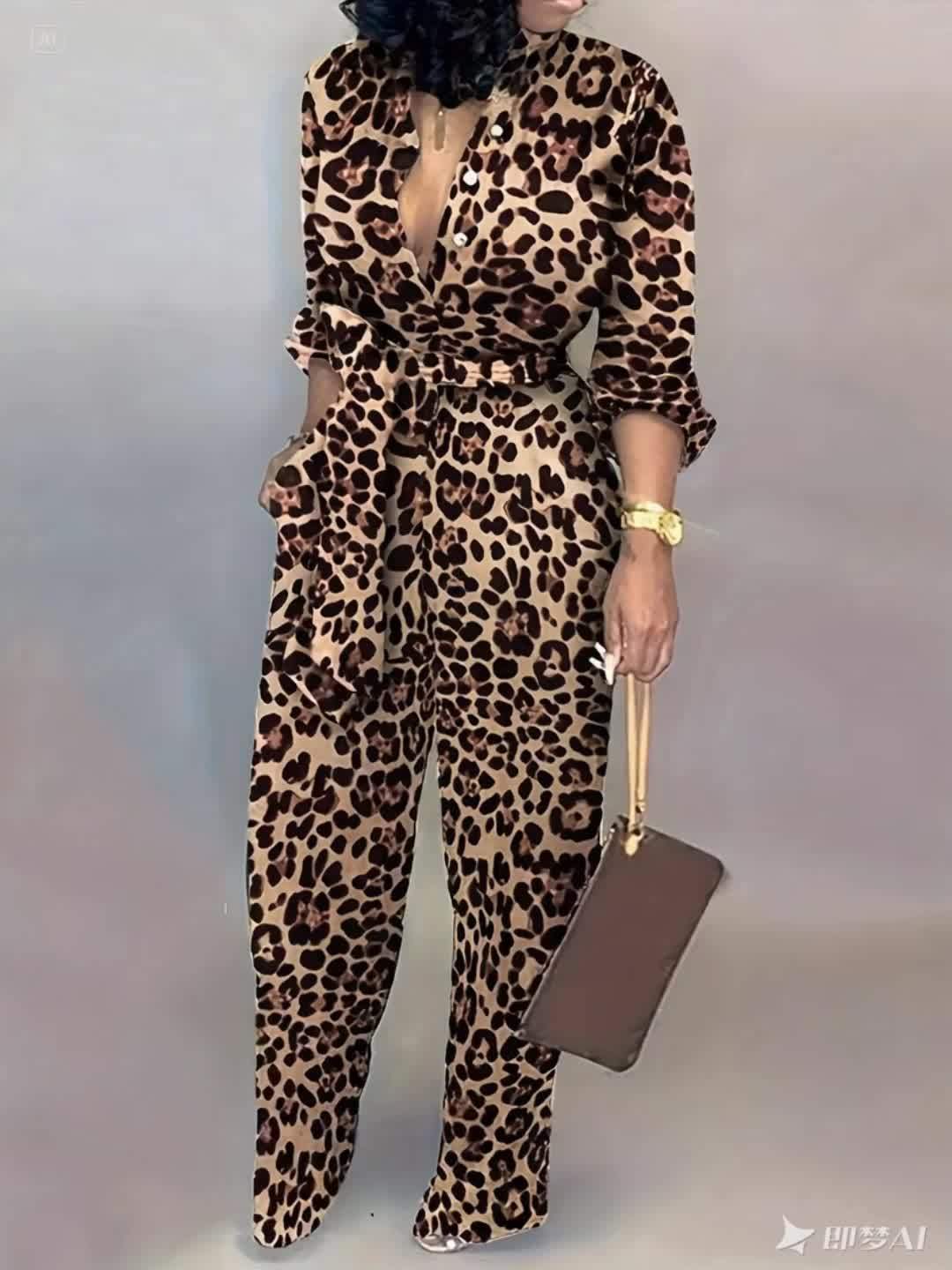 Women'S Leopard Print Jumpsuit - Casual & Vacation Style, Long Sleeve, Waist-Cinched, Polyester, All-Season Wear, Brown & Black Design, Elegant Design for Adult