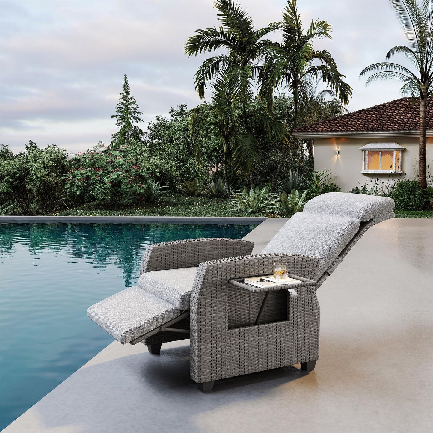 All-Weather PE Wicker Outdoor Recliner Chair with Adjustable Backrest & Footrest, Pop-Up Table & Air Pump Included - Heavy-Duty Patio Lounge Chair, Easy Assembly, Reclines to 155° Lay Flat (for poolside,, Balcony) - Low