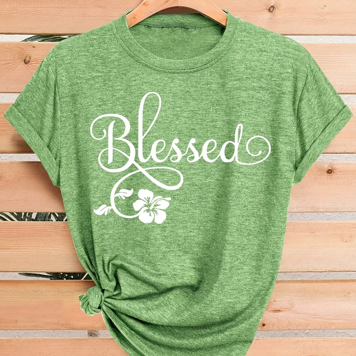 Women's Casual Short Sleeve T-Shirt - Blessed Floral Print Retro Style, Soft Stretch Round Neck Top, Machine Washable All-Season Comfort, Multi-Color Options S-XXL, Ladies T Shirts