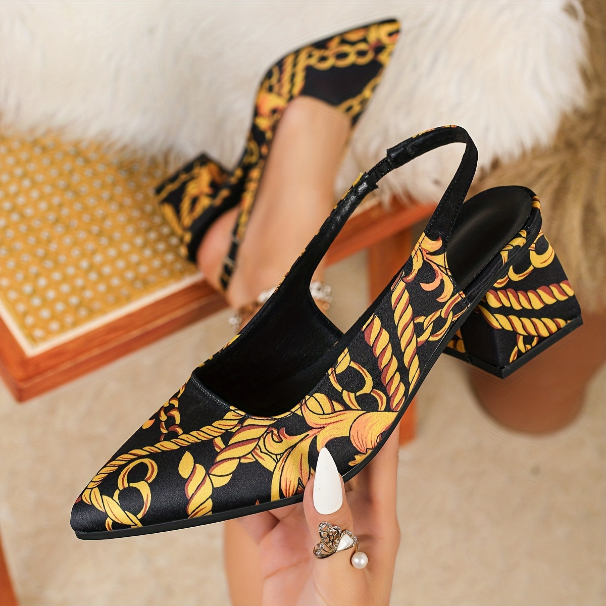 Women's Luxury Golden Chain & Greek Key Print High-Heeled Sandals - Thick Block Heels, Pointed Toe, Black & Golden s with T-Bar Strap & Buckle Closure, Comfortable Sole for Parties, Weddings, - Euro-American Style Elegant