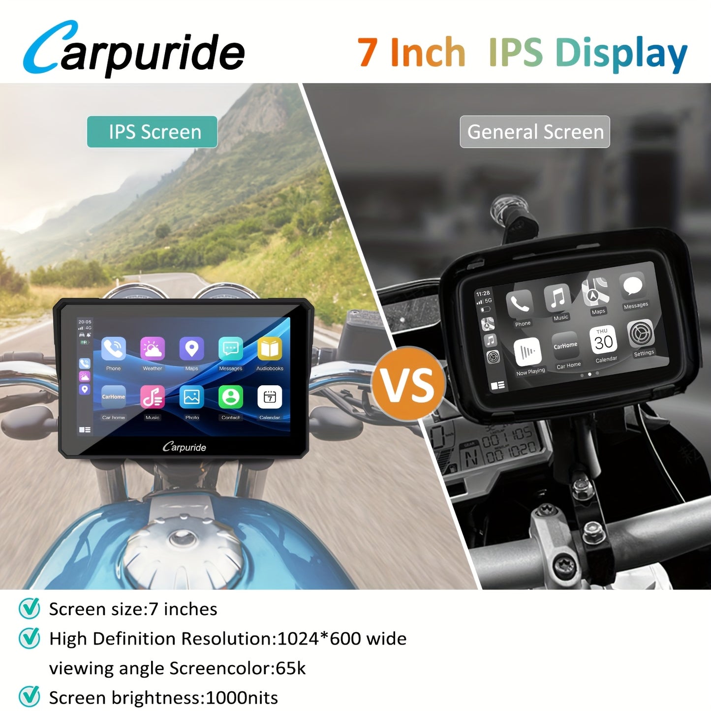 Carpuride W702 Wireless Carplay & Android Auto Screen for Motorcycle, 7 Inch IPS Touch Screen, Dual B-T, Built-in EQ, Car GPS, Voice Control, Siri, G00gle Assistant, IP67 Waterproofing, Navigation GPS, Easy to Install,