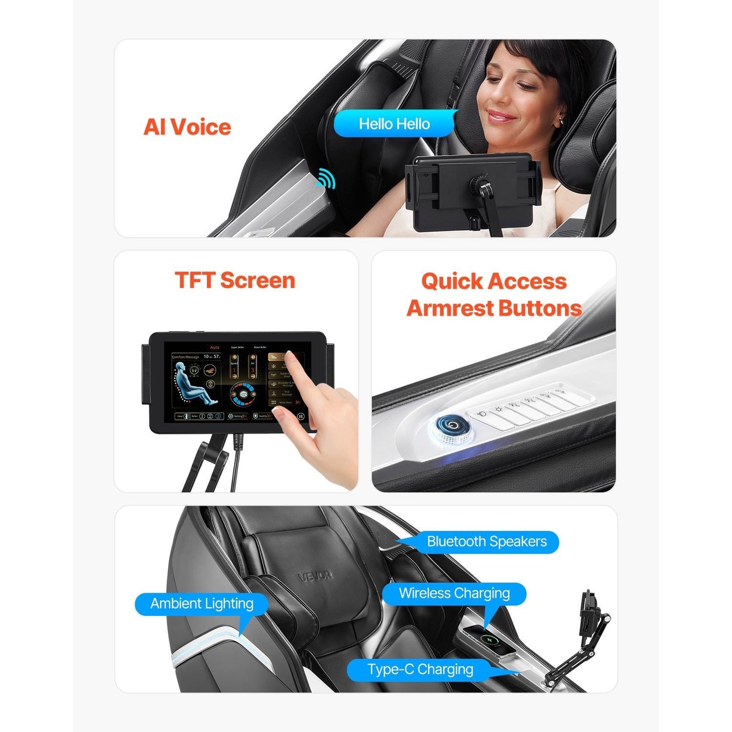 VEVOR Dual-Core 4D+3D Full Body Massage Chair, with Extended SL Track, Deep Yoga Stretch, Electric Extendable Footrest, TFT, AI Voice Control, Heat, Airbags, Armrest Controls, Wheels