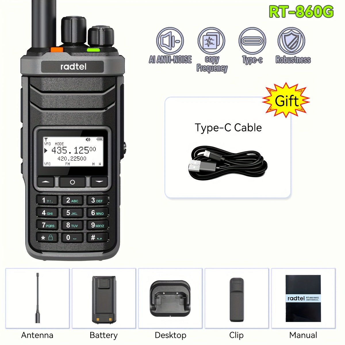 Radtel RT-860G GPS Ham Radio & CB Radio - 1024-Channel Dual Band Long Range Walkie Talkie with NOAA Weather, GPS Navigation, SW/SWB FM/SSB Modes, Type-C Charging, HF/VHF/UHF/Aviation AM/USB/LSB/CB/SSB, 4500-Channels, 50W High