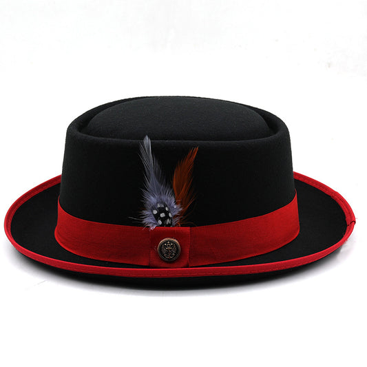 Men'S & Women'S British Style Felt Top Hat with Feather-like Plume - Elegant Black/Red/Burgundy Jazz Hat, Small Brim & Wide Flat - Durable Felt Material for Weddings, Proms, Masquerade & Vintage Events - Unisex Vintage Access