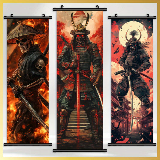 3pcs Exquisite Unframed Skeleton Samurai Painting, Art Deco Canvas Poster, Wall Art Home Living Room Decoration, Ideal Gift For Friend, Indoor/ Outdoor Decor, Ink Artwork, HD, Odorless, Fade Resistant High Quality Painting