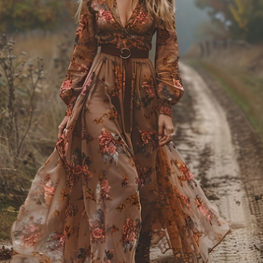 Plus Size - Plus Size - Plus Size, Women'S Elegant Floral Print V-Neck Long Sleeve Maxi Dress - Flowy A-Line Floor-Length Formal & Semi-Formal Dress with Asymmetrical Hem, Structured Waist, Non-Stretch Fabric for Spring/Fall