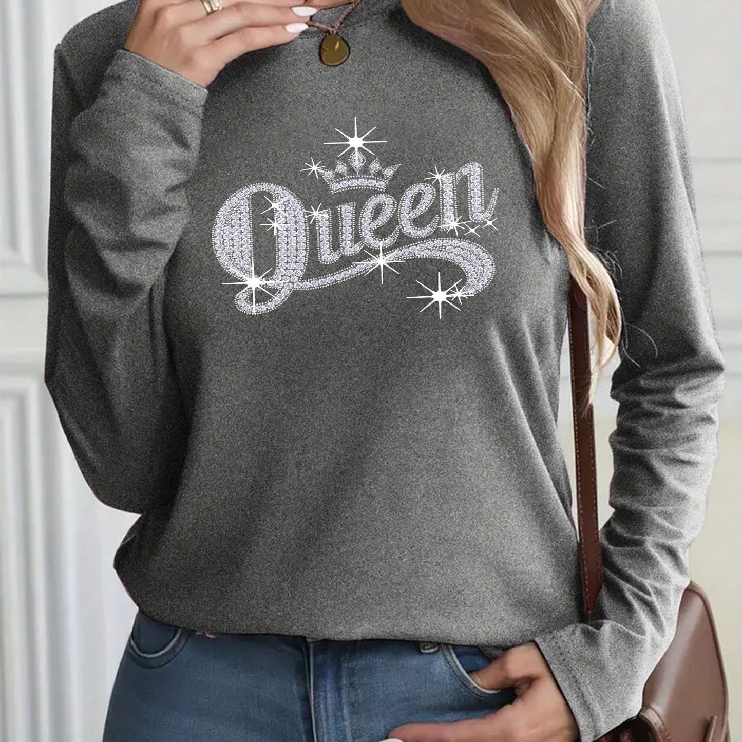 Women's Queen Lettering & Print Sparkling Rhinestone T-Shirt - Long Sleeve Round Neck Casual & Party Wear, Soft Stretchy 95% Polyester/5% Spandex, Queen-Size Lettering ( Accent) for Prom, Weddings, Everyday Outfits