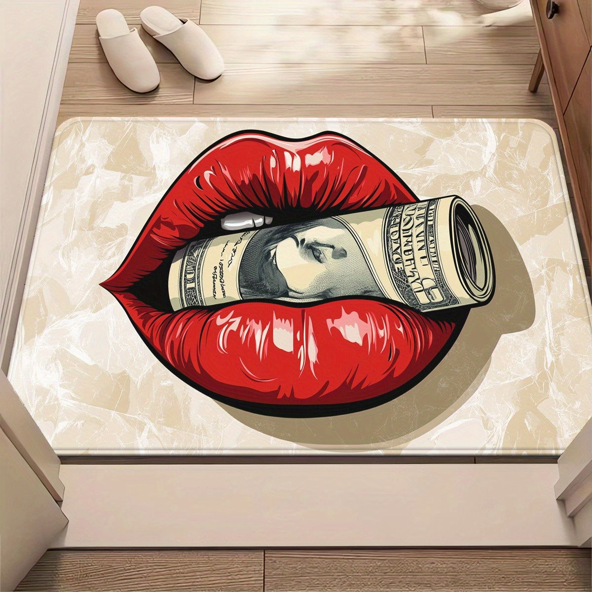 1pc Red Lips with Money Visual Door Mat - Microfiber, Absorbent, Machine Washable Polyester Rug for Bathroom, Bedroom, Living Room Entrance, Bathroom Mat | Artistic Floor Mat | Durable Floor Covering, Bathroom Decor