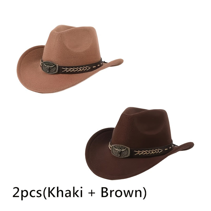 2pcs Western Cowboy Hats for Men & Women - Classic Wide Brim with Metallic Bull Headband, Black PVC-Coated Non-Stretch Fabric, Reinforced Stitching, Hand Wash/Dry Clean - Perfect for Parties, Cosplay, Themed Events & Gifts, C