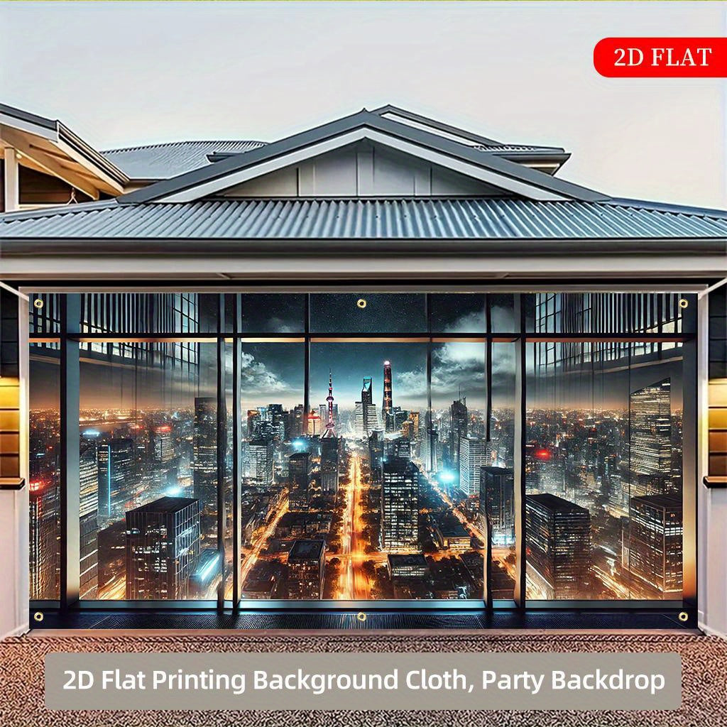2D Flat 1-Piece Night City Skyline Polyester Fabric Backdrop, 71x157 Inches, Multi-Scene 2D Printed Decor for Parties, Festivals, Gardens & Garages – No Power Needed