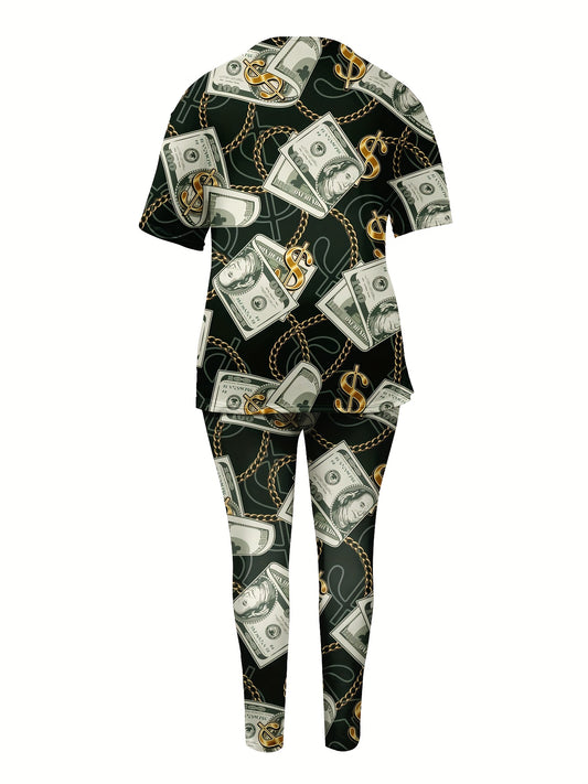 Women's Short-Sleeved Trouser Suit Sets 3d Printed Patterns Casual Suit Women's Short-Sleeved 2pcs Outfits Fall Winter Trouser Suit with Pockets - Short Sleeve, Crew Neck, Straight Leg, Comfortable Daily Wear, Stylish Casualw