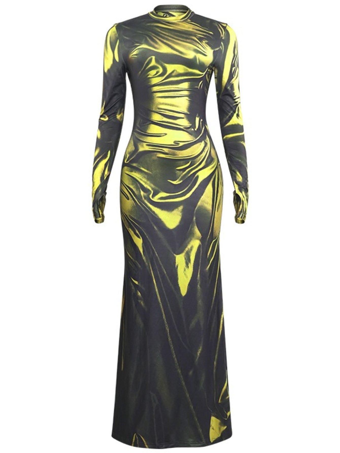 Women's Fashion Printed Crew Neck Slim-Fit High-Waist Maxi Long-Sleeve Dress for Autumn