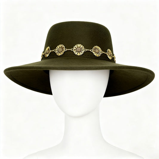 1pc Bohemian-style Unique and Fashionable Felt Hat - Decorated with Exquisite Golden Flower Chain Fedora Hat - Suitable for Daily Street Style, Music Festival Outfits, Bohemian-inspired Looks, Casual Outings and Trendy Season