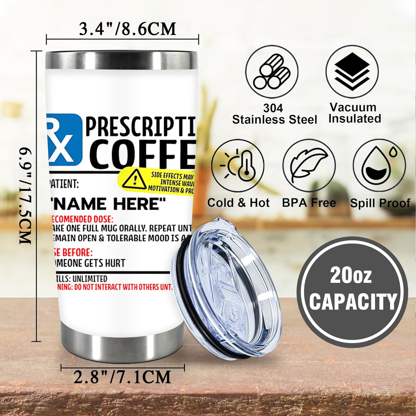 1pc 20oz Prescription Coffee Tumbler, Double Wall Vacuum Insulated Travel Mug, Spill Proof Lid, Perfect Gift for Dad, Mom, Ideal for Christmas, Thanksgiving, Valentine's, Mother's, Father's Day, Gift for birthday, Coffee Cup