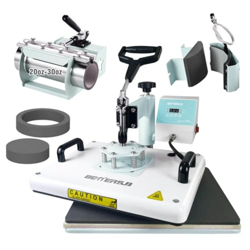 BetterSub 5 in 1 Heat Press Machine 12x15 inch Industrial-Quality Sublimation Press with 30oz Tumbler Attachment and Curved Hat Plate 360° Swivel Design for T-Shirts Vinyl DTF Film - Teal