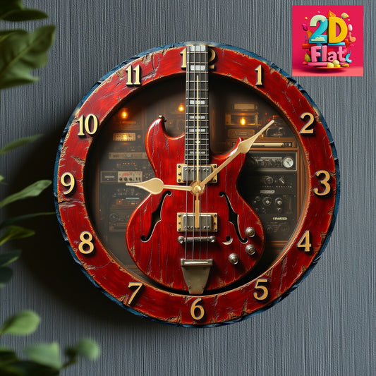 Vintage Electric Guitar Wall Clock - Silent Non-Ticking Retro Decor with 9.8" & 11.8" Sizes, Artificial Wood Battery-Operated (AA Not Included) for Bedroom, Office, Cafe, Party, Mother's Day & Holiday Gift, Office Clock, Arti