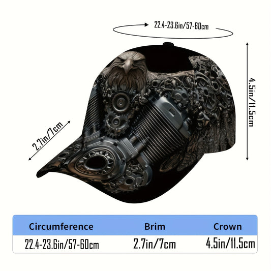 1pc Men's & Women's Mechanical Eagle Print Baseball Cap with Motorcycle/Gear Design - Adjustable Snapback, Foldable Lightweight Polyester Hat, All-Season Outdoor Sports Accessory, Durable Full-Body Motorcycle-Inspired Headwea
