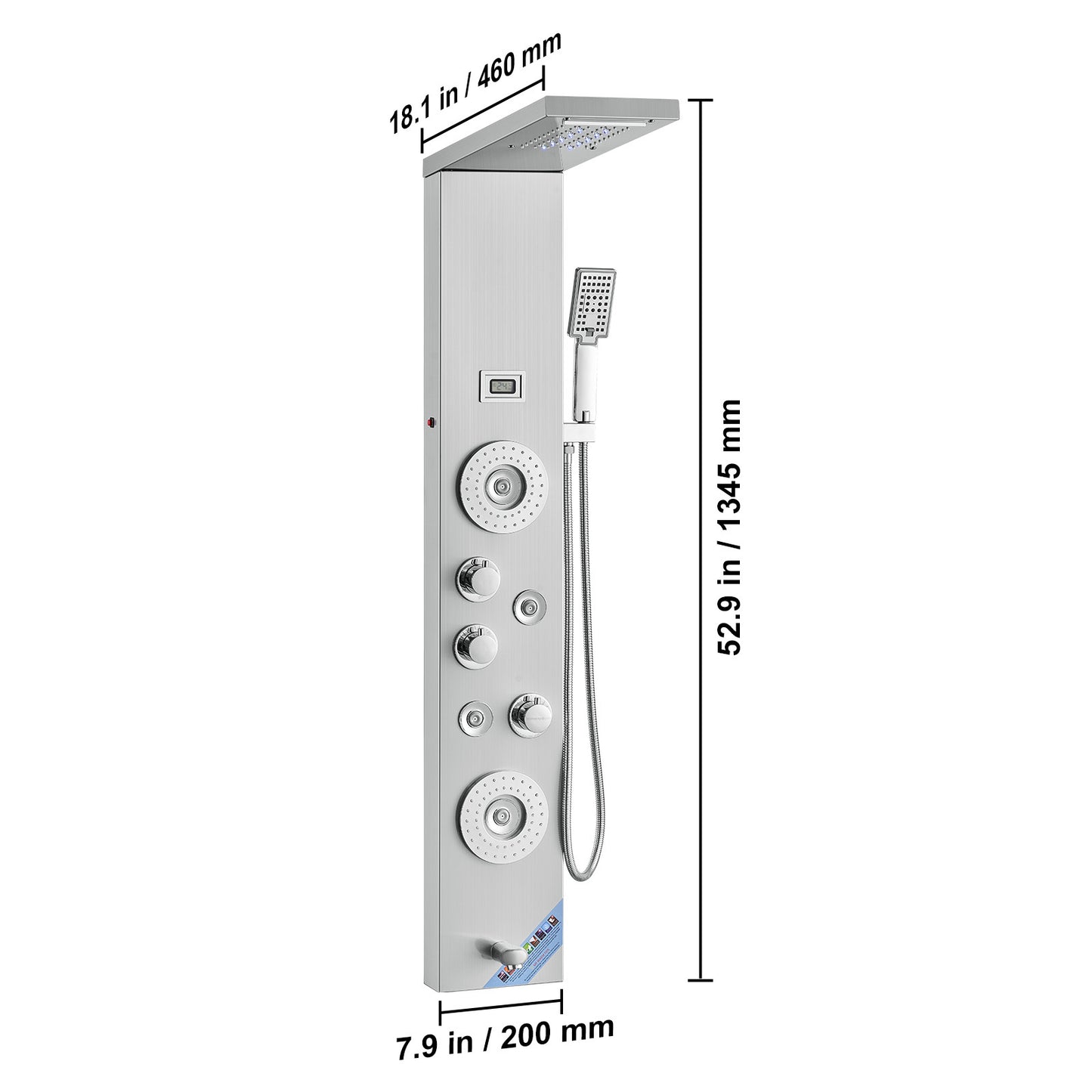 VEVOR Shower Panel System, 6 Shower Modes, LED & Display Shower Panel Tower, Rainfall, Waterfall, 4 Body Massage Jets, Tub Spout, Handheld Shower Head 59" Hose, Stainless Steel Wall-Mounted Shower Set