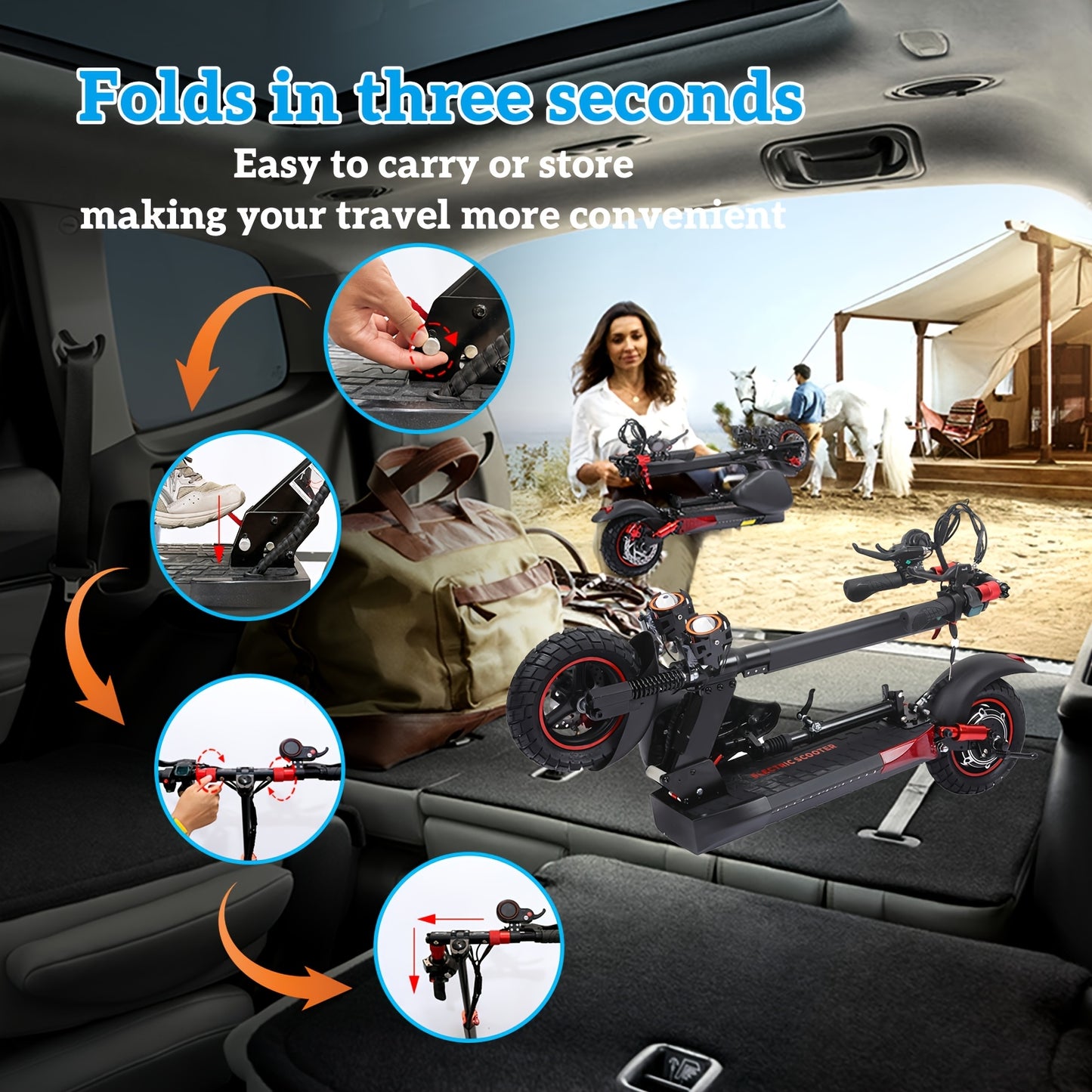 Foldable Electric Scooter with Detachable Seat & 10" All-Terrain Vacuum Tires - 48V15Ah/55KM Range, 50KM/H Speed, Dual Disc Brakes, Heavy-Duty e-Scooter for Off-Road, Commuting, Hills - Global Voltage ( Plug)