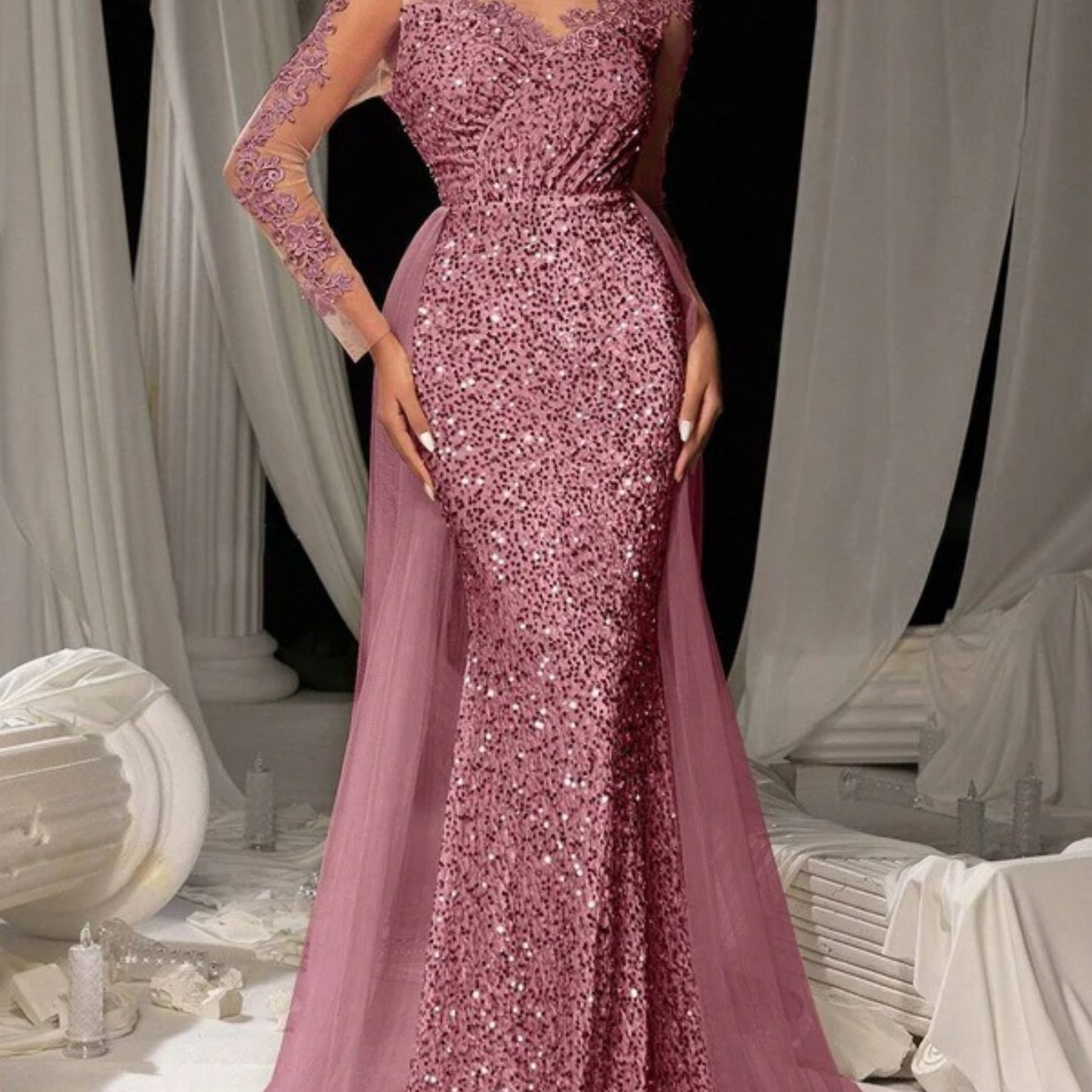 Plus Size, Women' Plus-Size Elegant Evening Gown - Long Train Wedding Dress with Lace Sleeves & Full Train, Round Neck Formal Dress for Prom, Galas, Balls - Luxury Formal Wear (Hand Wash/Dry) - - Wedding & Special Occasion Dr