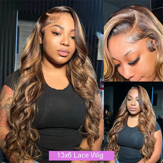 Body Wave 13x6 13x4 Lace Frontal Human Hair Wig Transparent 100% Highlight 34 Inch Brazilian Wigs #4/27 on sale For Women 180%