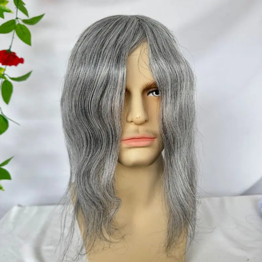 Pwigs 12 Inch Full French Lace Men Toupee 1b80 20% Human Black Hair Mixed with 80% Synthetic Gray European Hair System