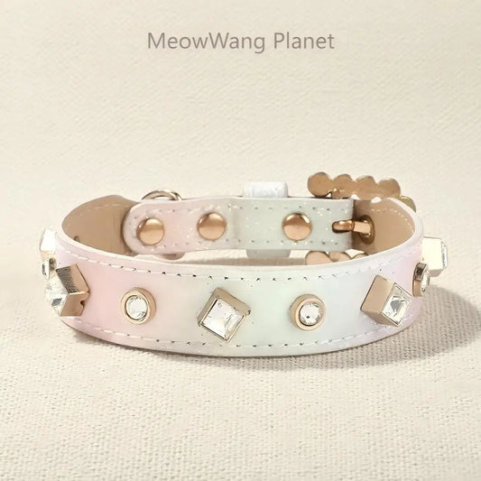 Luxury & Cute Leather Rivet Solid Beaded Pet Supplies Collar Leash & Neck Ring for Small & Medium Dogs