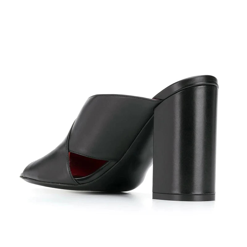 Plus Size Black PU Leather Ladies Shoes Peep Toe Chunky High Heels Mules Women Slippers With Heel Sandals