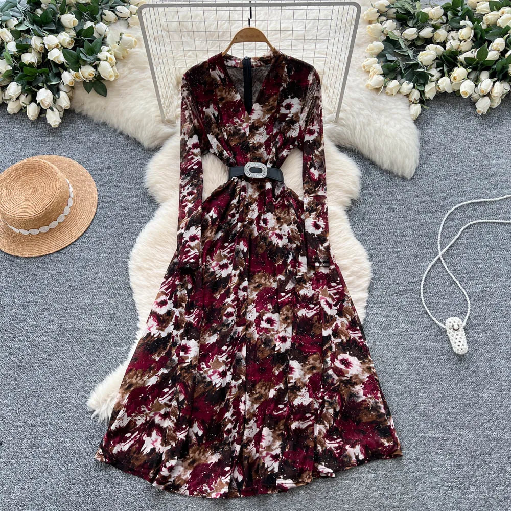 Summer Roman V-Neck Tunic Slim Bandage Casual Maxi Dress for Women Empire Printed Dress