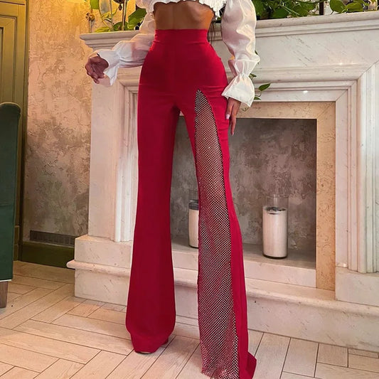 Street Fashion Flared Pants Women Grenadine High Waist Pants for Women Glitter High Slit Boot Cut Flared Trousers 2021 Autumn