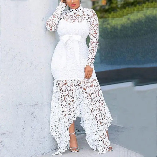 Top Seller Hollow Mesh Sexy Lace Long Sleeve Maxi Dresses Women Plus Size Dress Ladies Lace Decorated 2 Pieces Dress Big Sizes