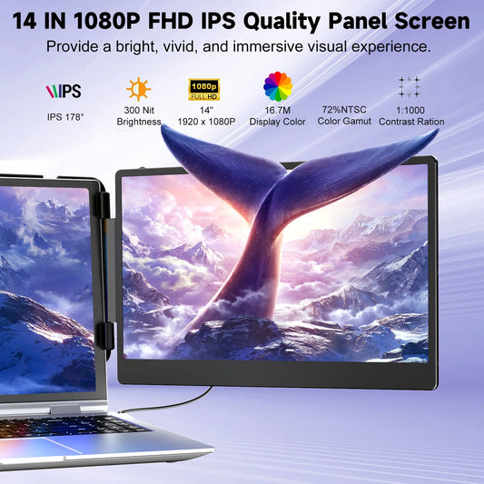 Laptop Screen Extender 14 Inch Triple Portable Monitor Icd Plug and Play Type-C HD-MI Full HD IPS 1080P for Business Laptop