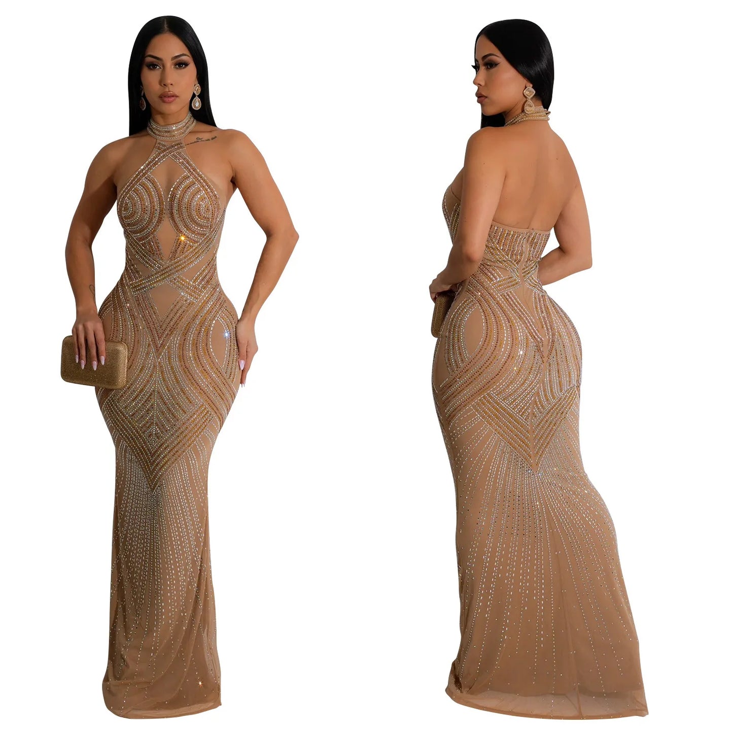 C6811 Luxury Mermaid Evening Dresses Women Solid Color Mesh Rhinestone Halter Backless Long Dress Women Party Dress