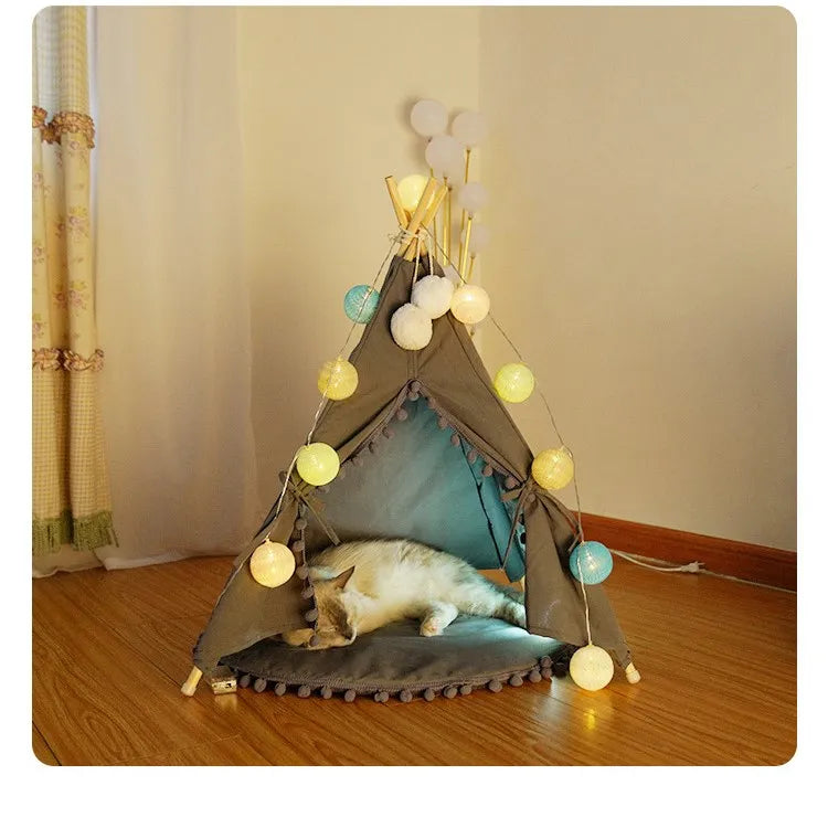 Indoor Foldable Pet Teepee Tent Cat Cave Bed Removable Cover Pattern Windows Washable Comfortable Breathable Canvas for Cats