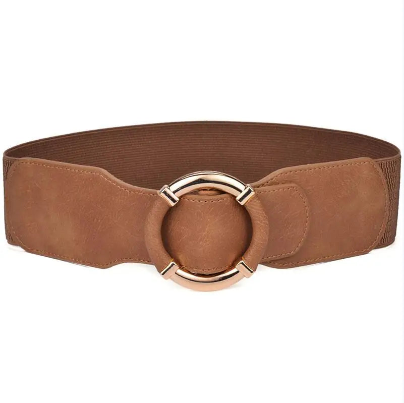 Women’s Elastic Stretch Wide Waist Belts w Wrapped Gold Circle Buckle